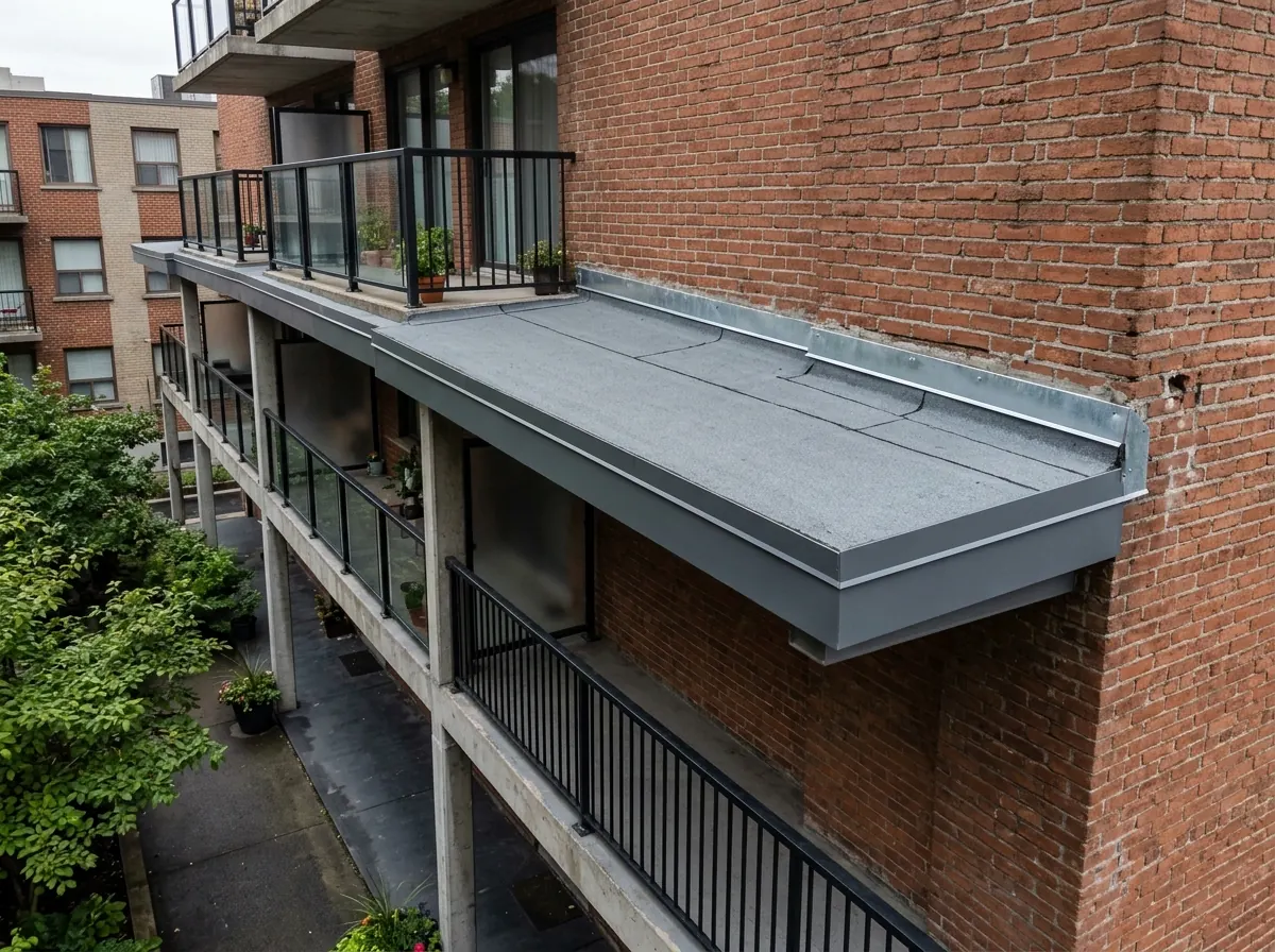 Small low-slope roof over an apartment balcony row meeting a brick wall