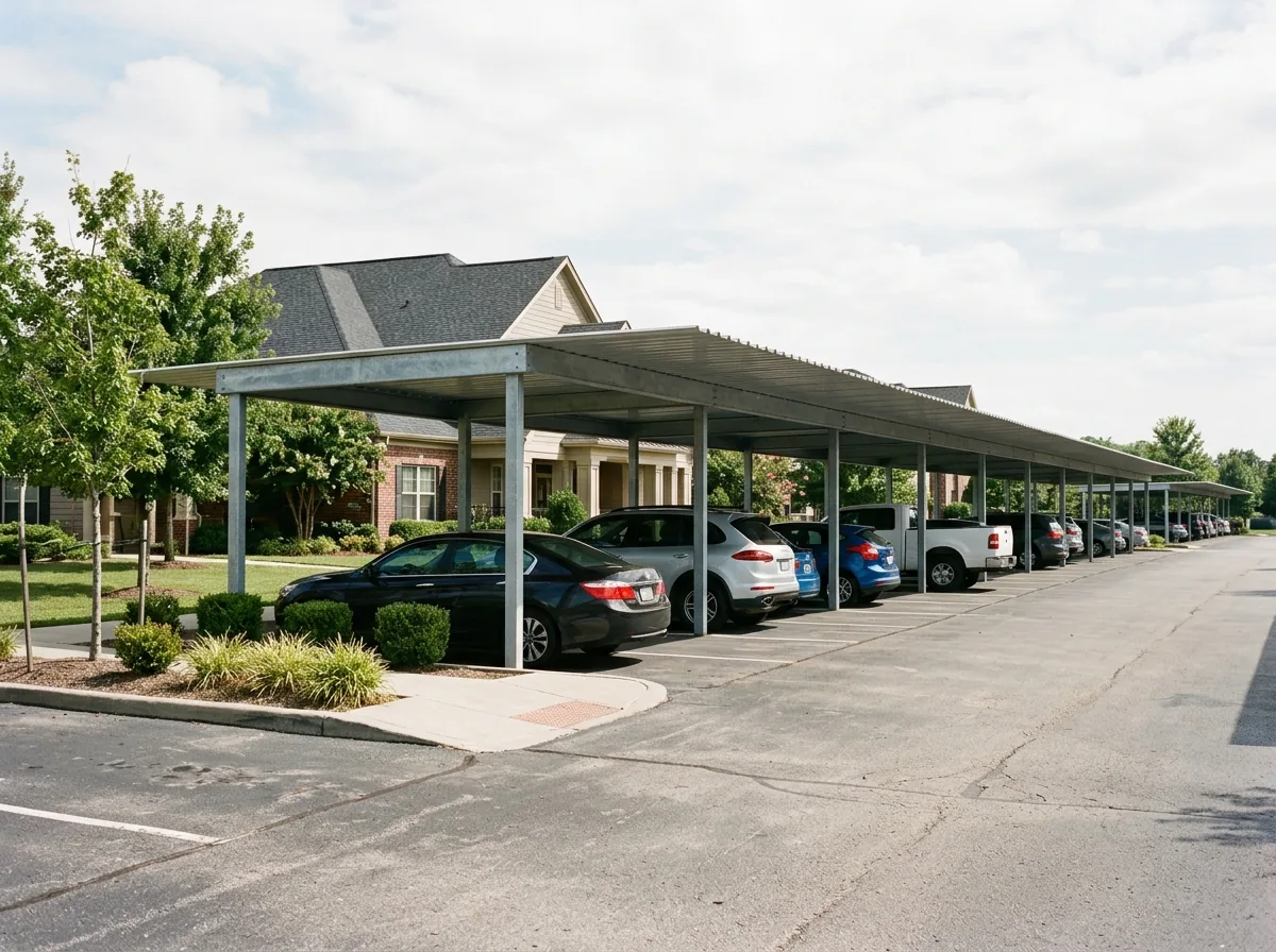 Row of covered carports with a low-slope metal roof at an apartment complex