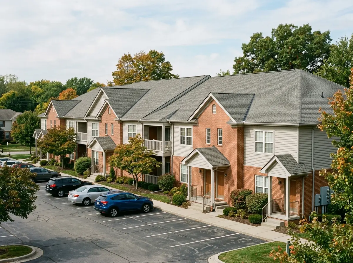 Two-story garden-style apartment buildings with asphalt shingle roofs