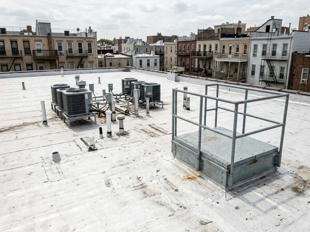 Flat membrane roof on a four-story apartment building with rooftop units and a roof hatch
