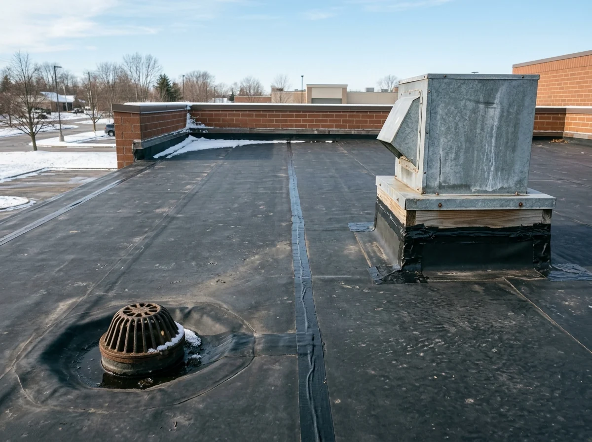 Black EPDM rubber membrane on a flat commercial roof around a rooftop exhaust fan