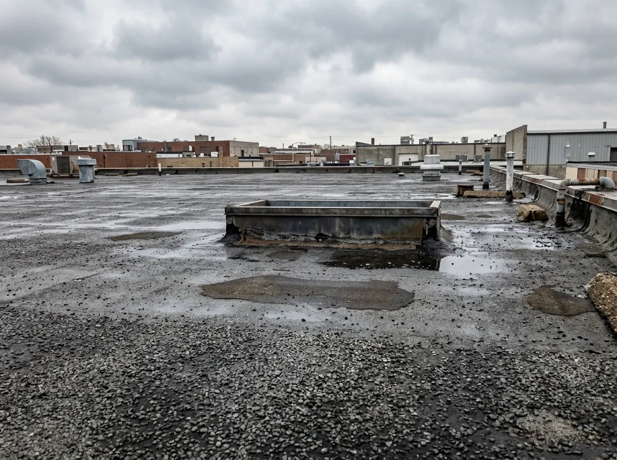Very flat older built-up roof with dark pitch and slag surfacing around a low curb