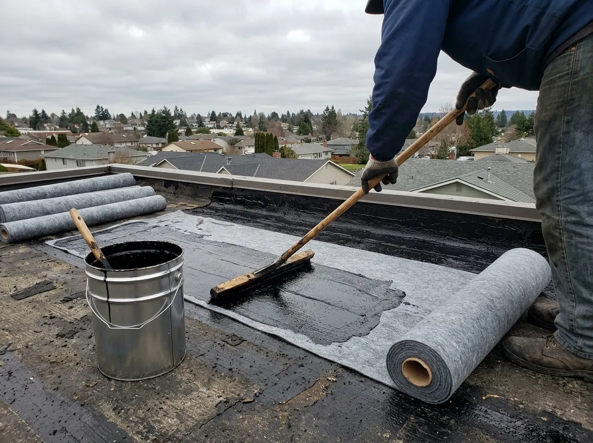 Cold-process built-up roof plies being laid into black adhesive with a squeegee