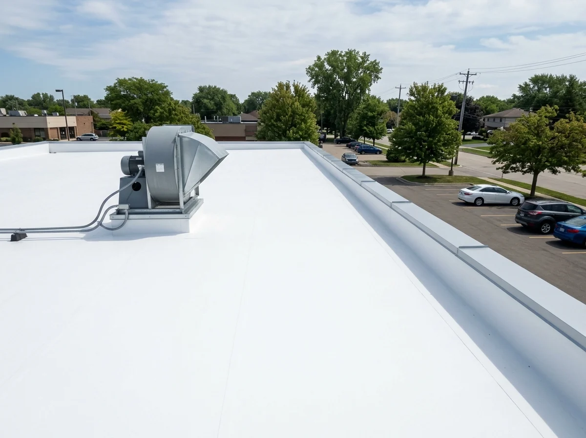 Smooth white-coated built-up roof on a low commercial building with metal edge flashing