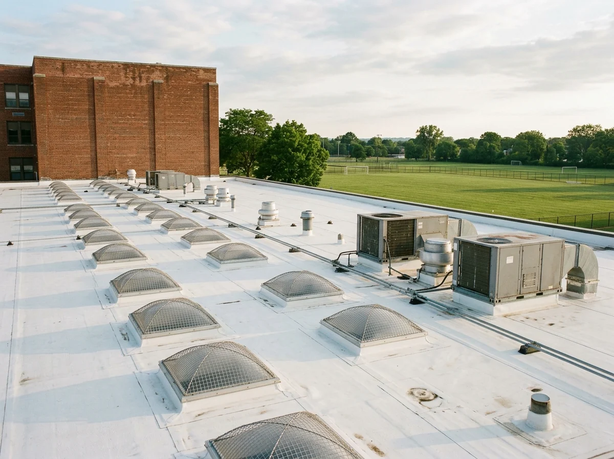 Long-span flat roof over a school gymnasium with rooftop units and skylights