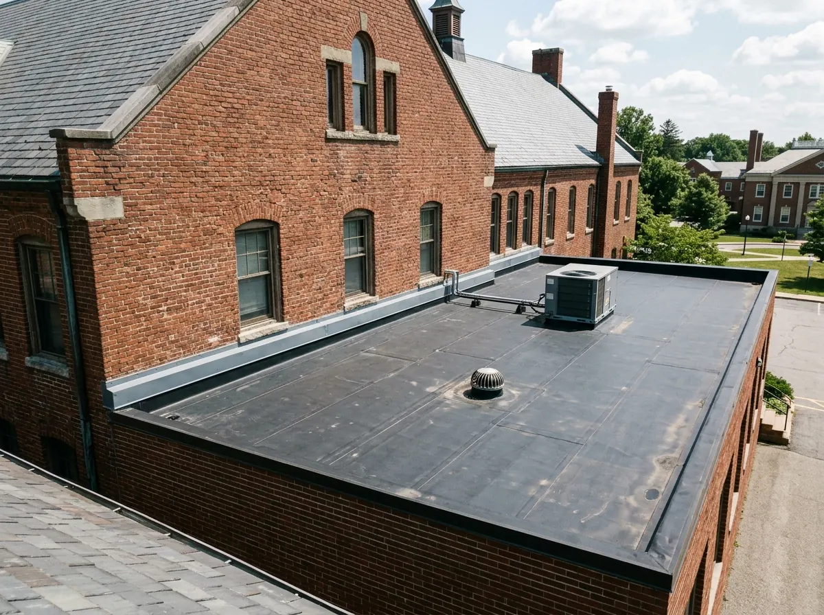 Flat membrane roof over a one-story school classroom wing beside a steep brick gable