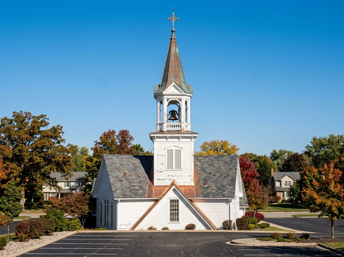 White church steeple with a copper-clad spire rising above a slate roof