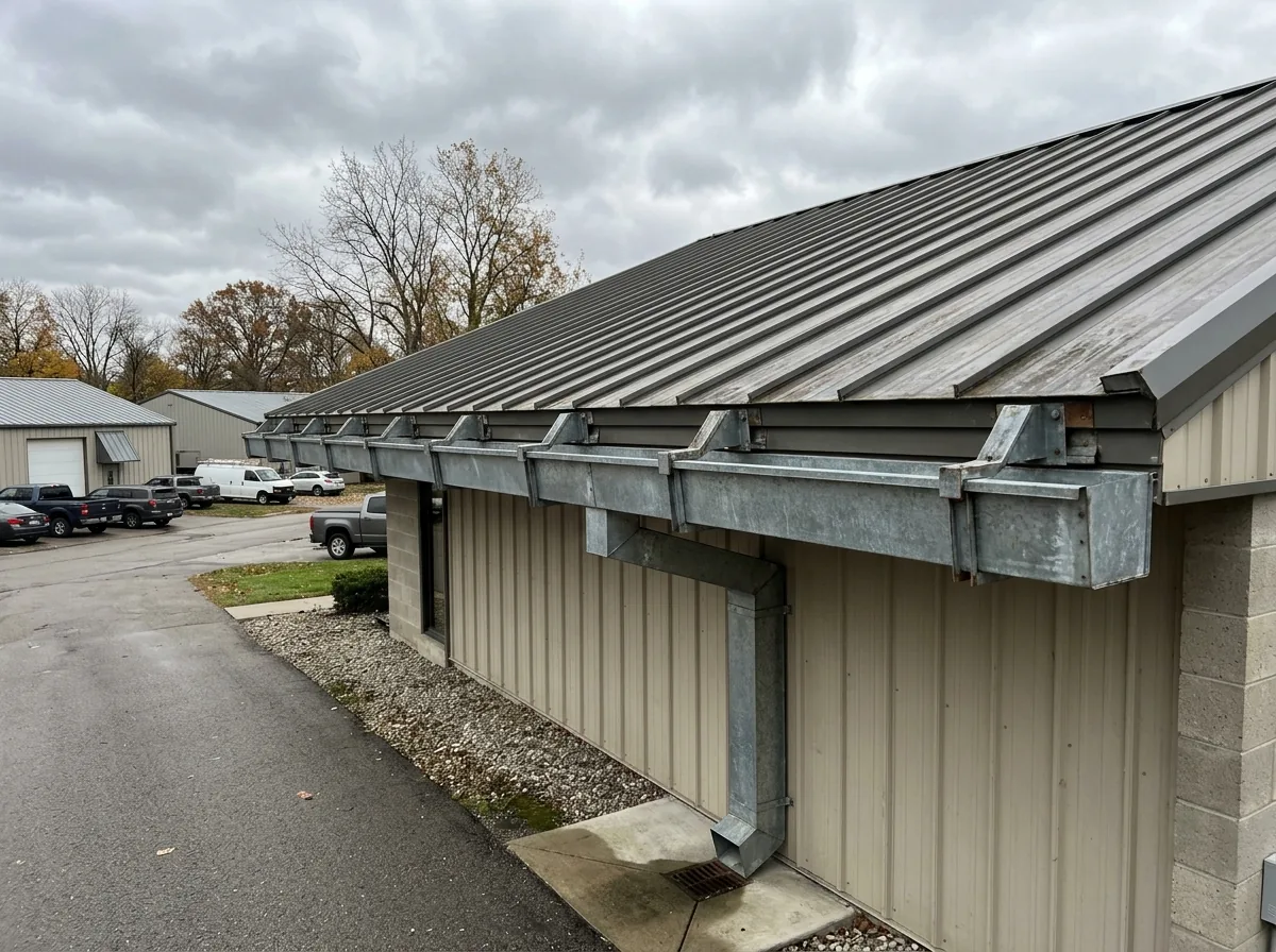 Large galvanized box gutter along the eave of a sloped metal warehouse roof