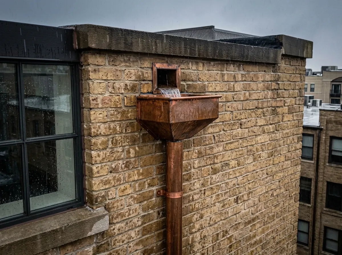 Copper conductor head collecting water from a through-wall scupper into a downspout