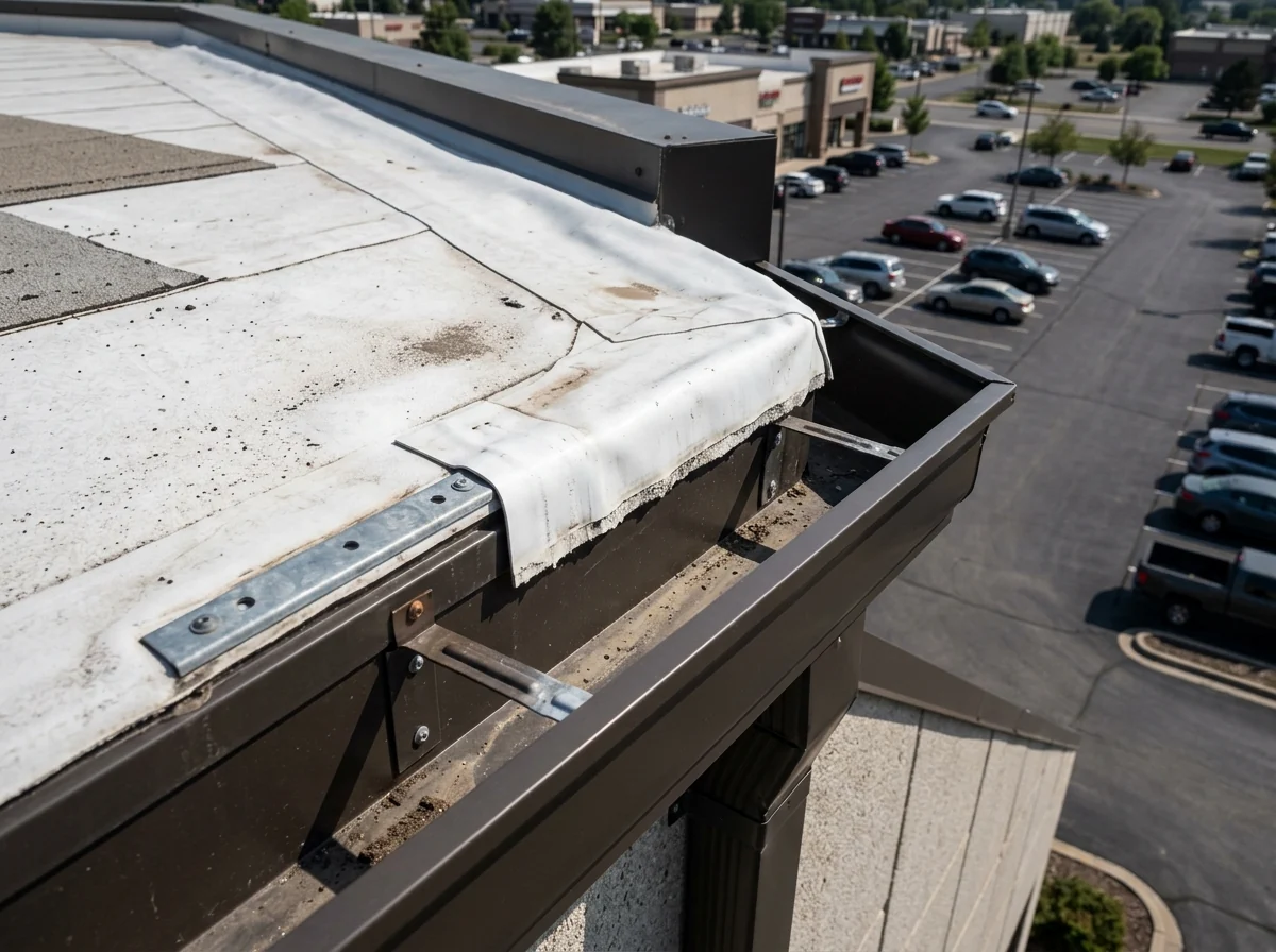 Metal edge gutter terminating a white single-ply membrane on a low-slope roof