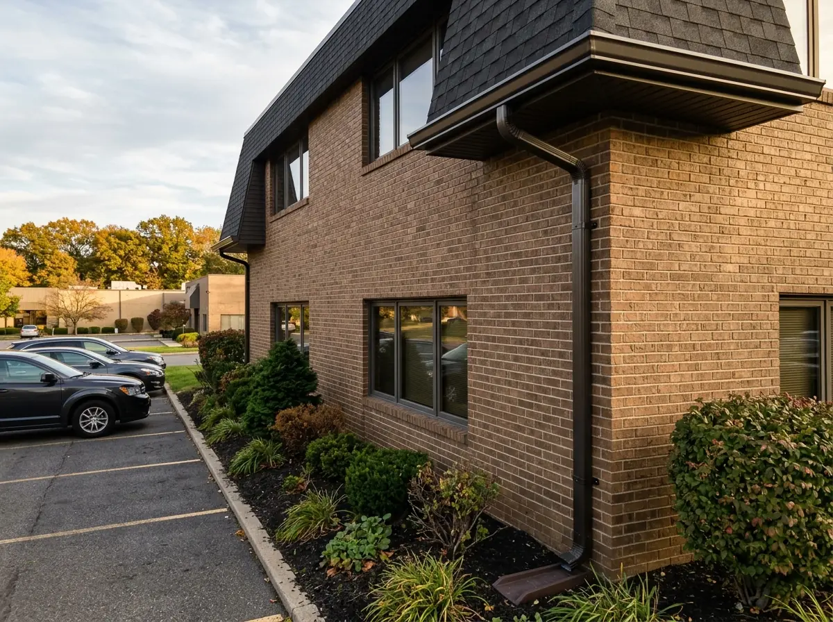 Seamless aluminum K-style gutter and downspout on a two-story brick office building