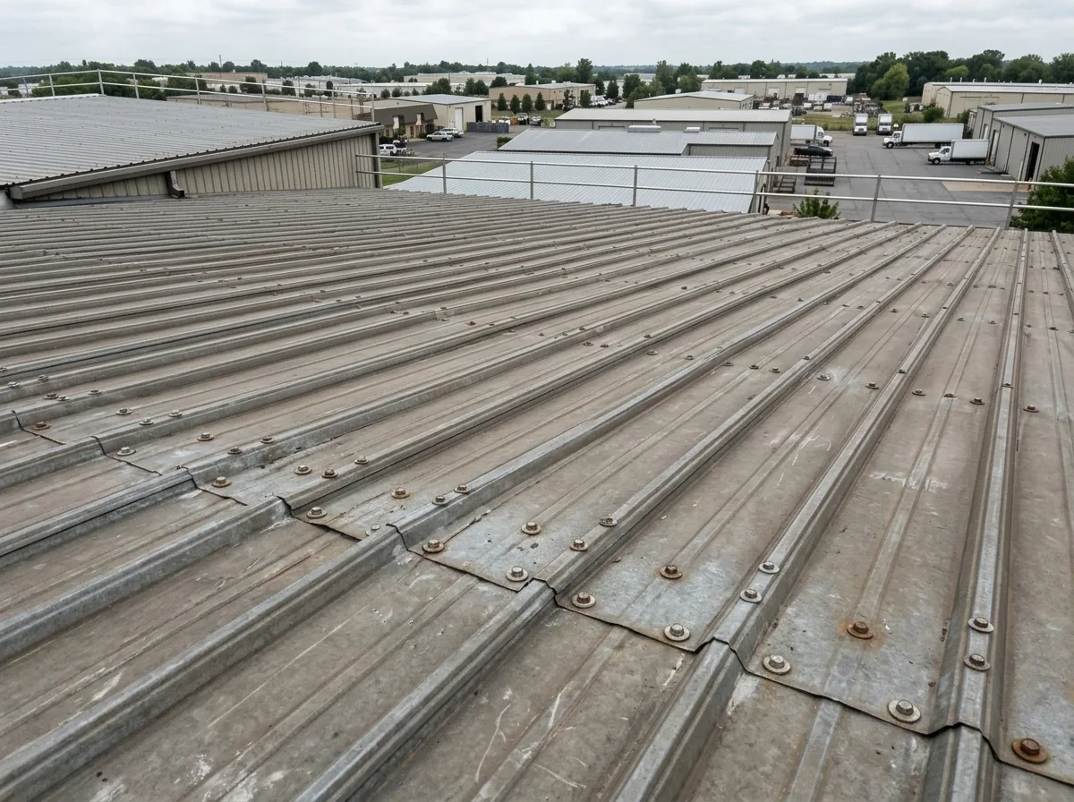 Ribbed exposed-fastener metal roof panels with rows of screws on a warehouse