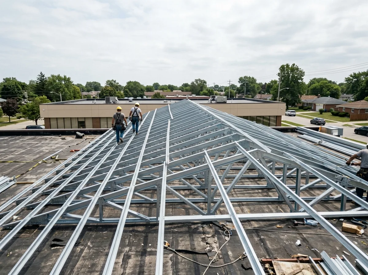 Light-gauge steel framing being built over an existing flat roof to carry a new sloped metal roof