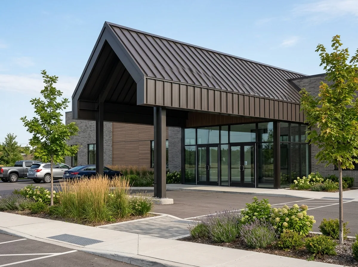 Snap-lock standing seam metal panels on a steep entry canopy of a commercial building