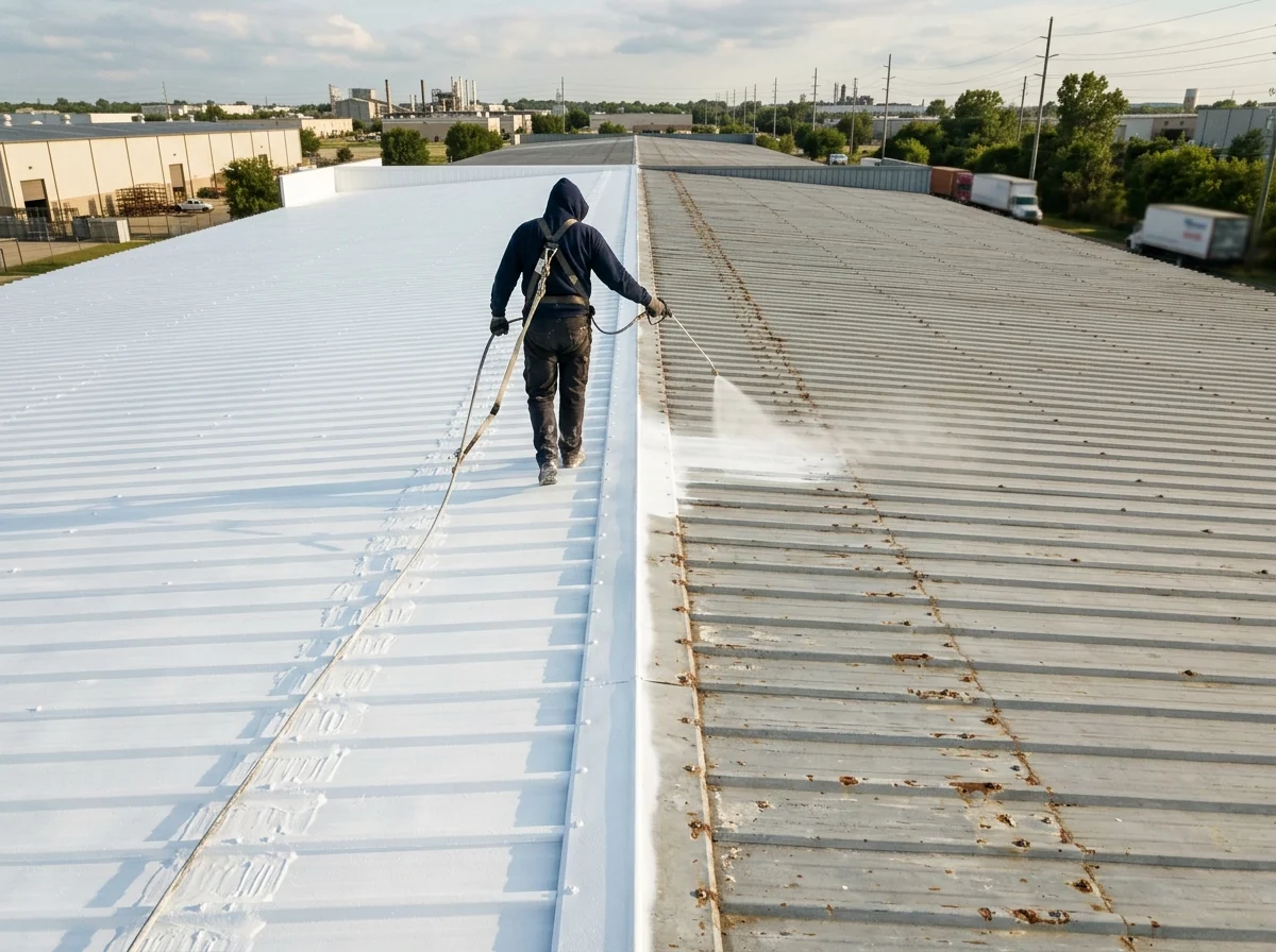 Bright white acrylic coating sprayed over the ribs of a low-slope metal warehouse roof