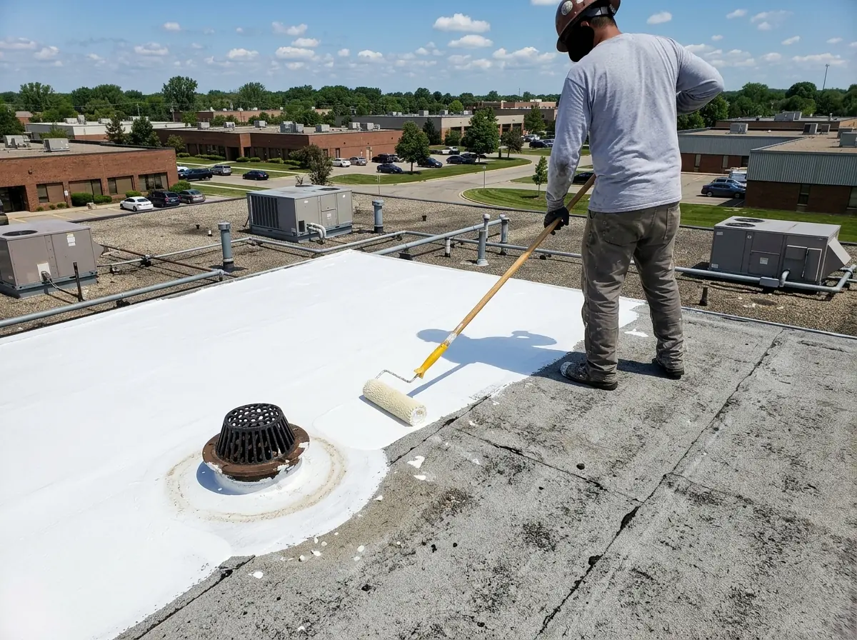 White silicone coating being rolled onto a flat commercial roof near a roof drain