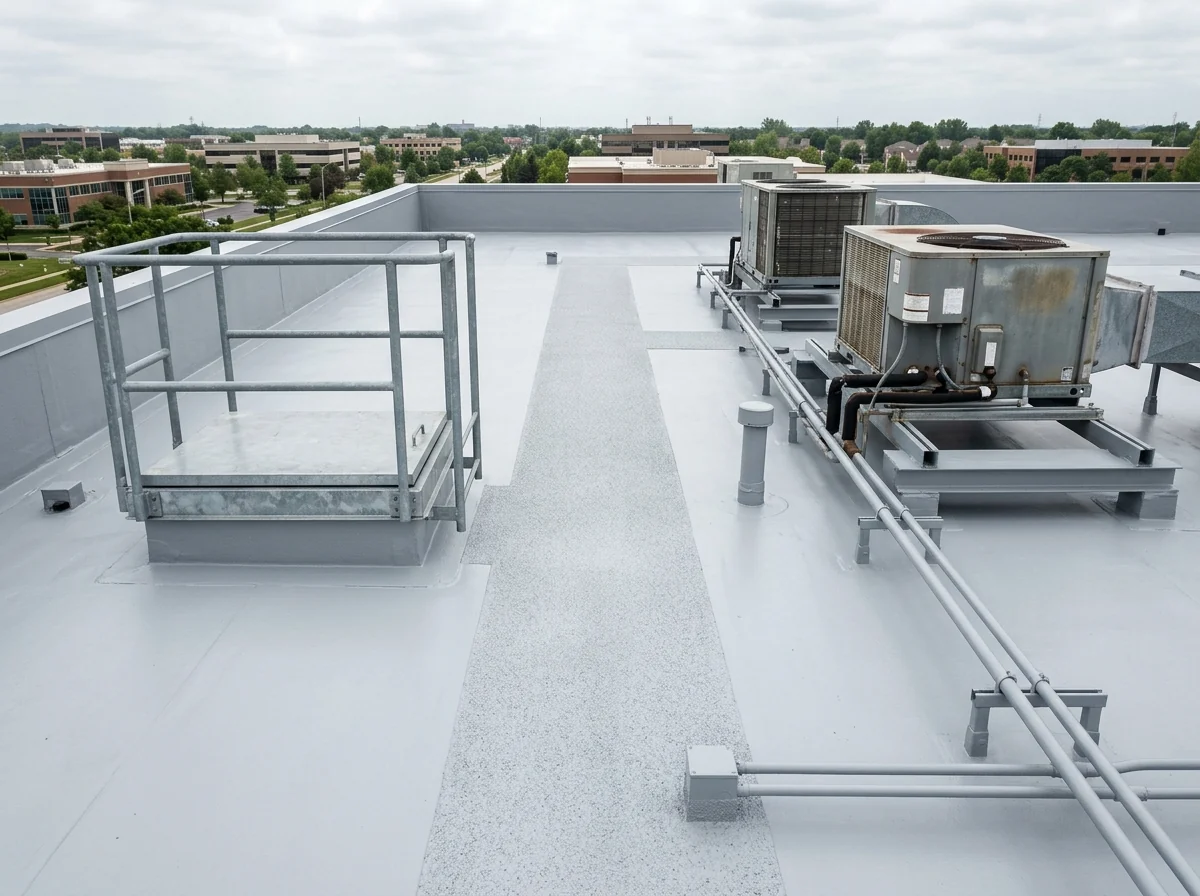 Grey urethane-coated roof surface along a service path between rooftop HVAC units