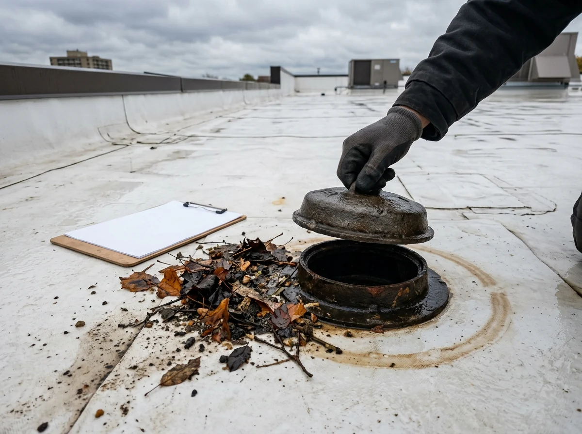 Gloved hand clearing leaves from a roof drain strainer during a commercial roof inspection