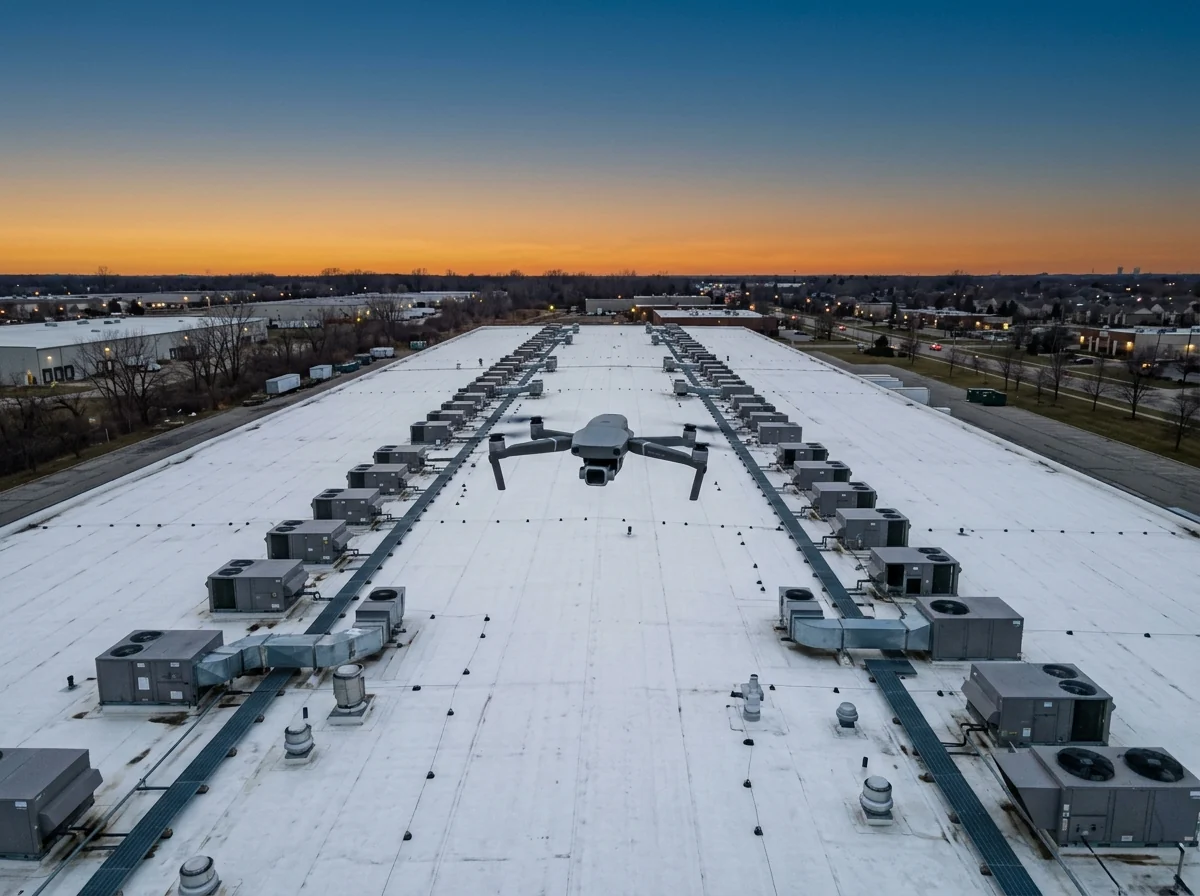 Drone hovering above a large flat warehouse roof at dusk for an infrared roof survey