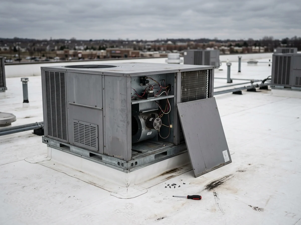 HVAC service panel left open on a rooftop unit with tools lying on the membrane beside it