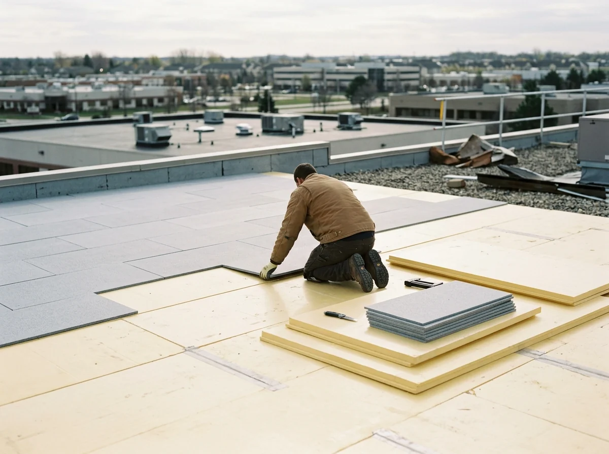 Thin rigid cover boards being laid over polyiso insulation on a commercial flat roof