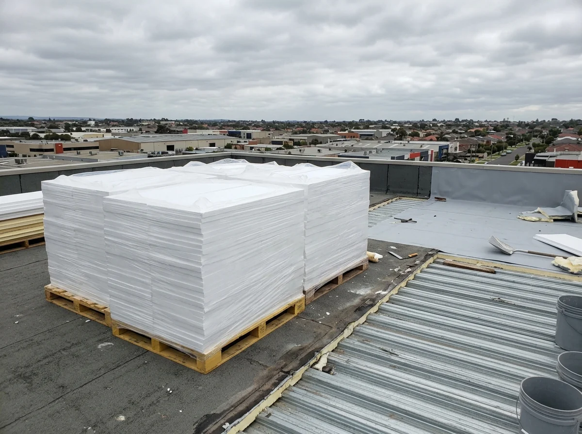 White expanded polystyrene roof insulation boards stacked on pallets on a flat commercial roof