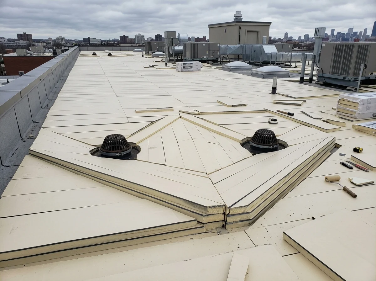 Tapered insulation boards and a cricket built up between two roof drains on a flat commercial roof