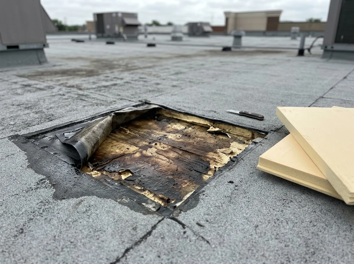 Section of roof membrane cut open showing dark wet insulation board next to dry replacement boards