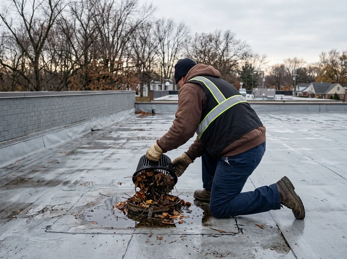Roofer from behind lifting a dome strainer off a flat roof drain clogged with leaves