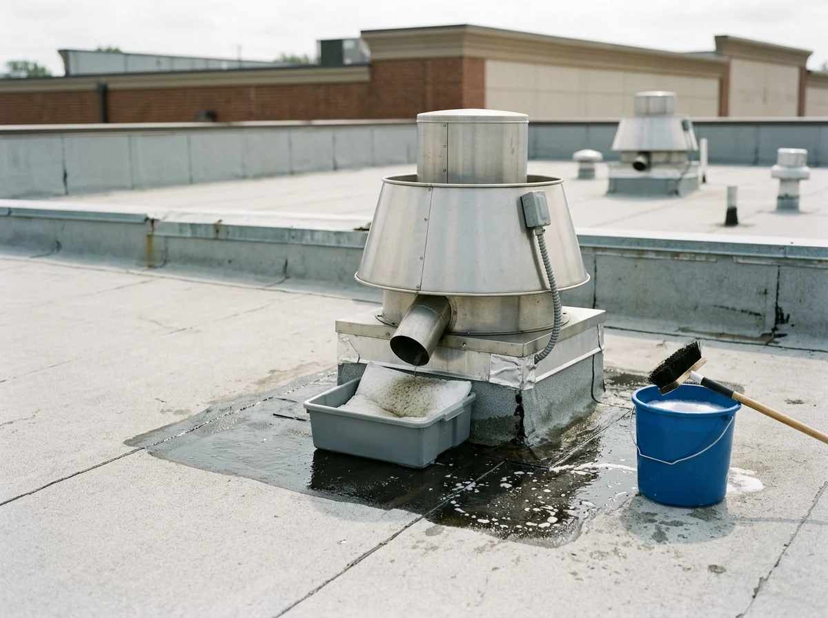 Kitchen exhaust fan on a light grey membrane roof with a grease containment box and a cleaned area around the curb