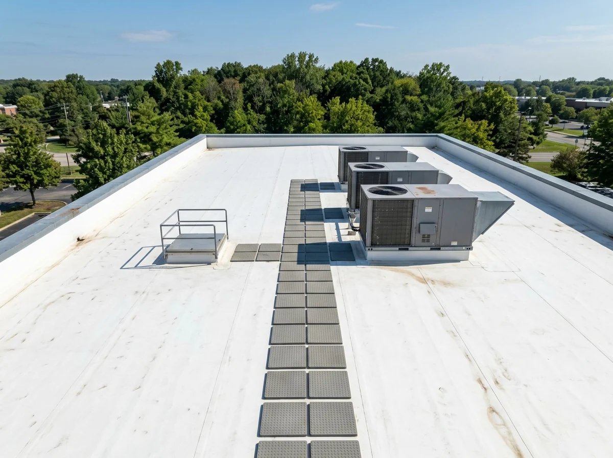 Grey walkway pads laid in a path across a white membrane roof to a group of rooftop units