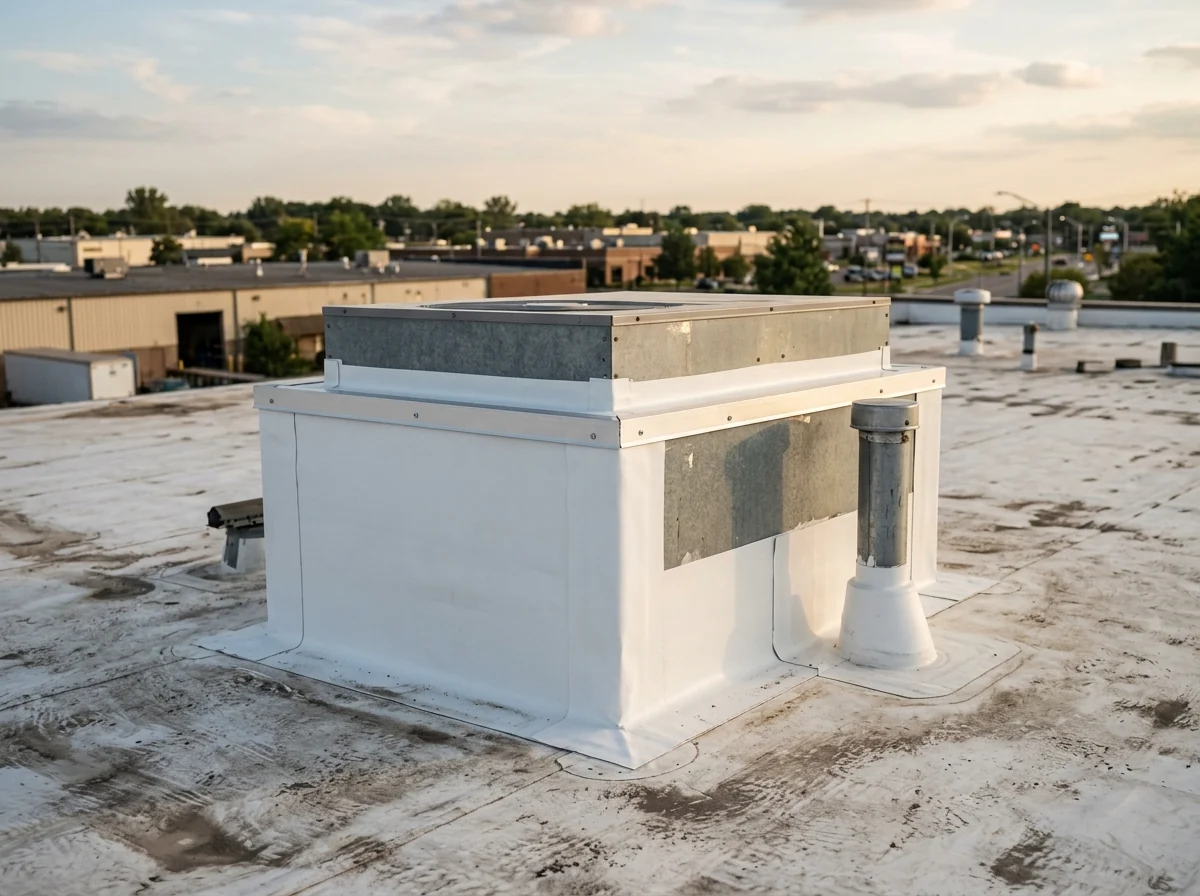 Membrane flashing around a rooftop HVAC curb and a pipe boot on a white flat roof