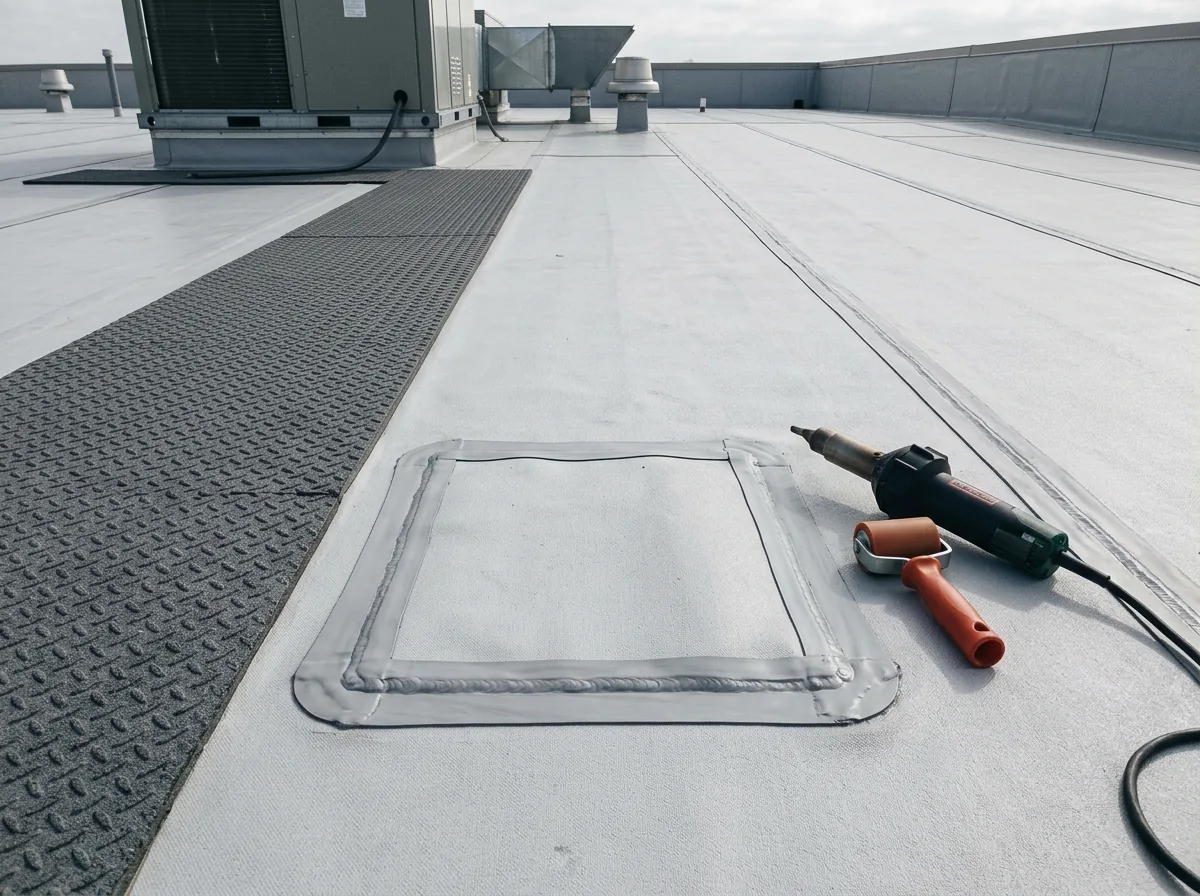Rounded patch of matching membrane over a puncture beside a rooftop walkway pad
