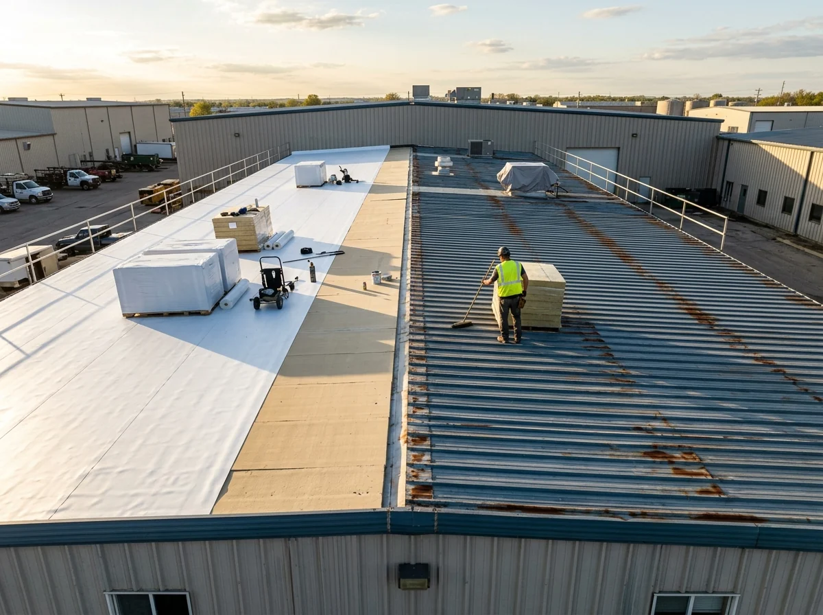 Low-slope metal panel roof with new insulation and a single-ply membrane being installed over it