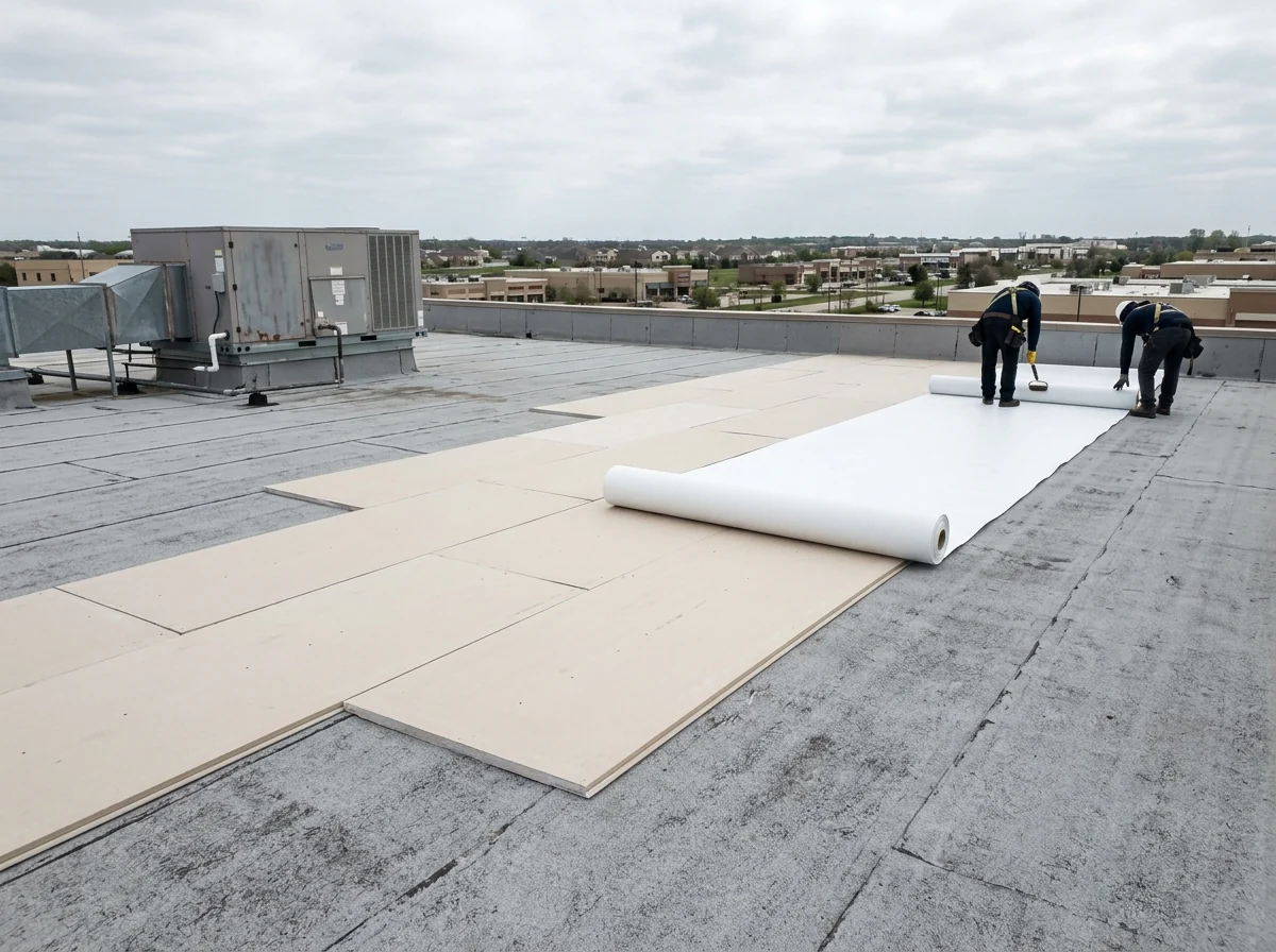 New white membrane being rolled over cover boards laid on top of an older flat roof