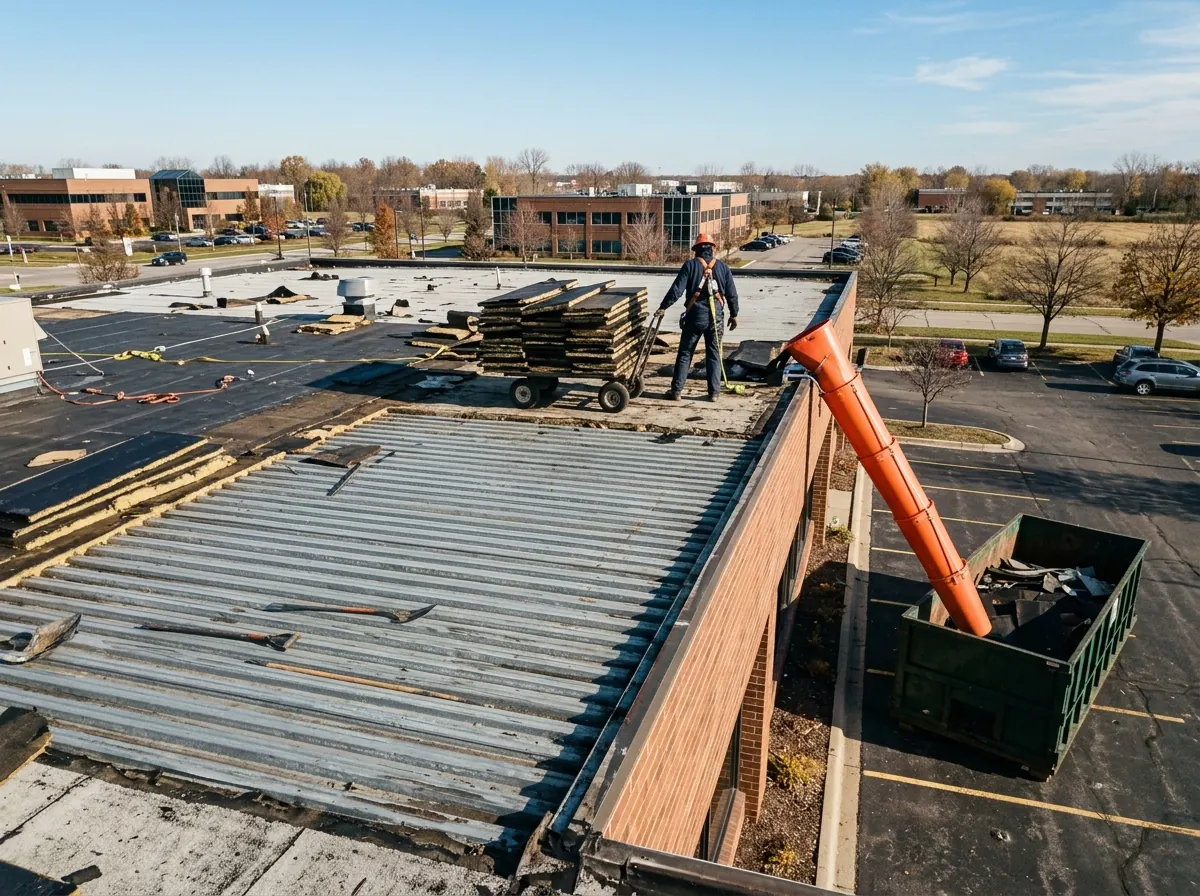 Old built-up roofing layers cut into strips and loaded toward a debris chute on a flat commercial roof