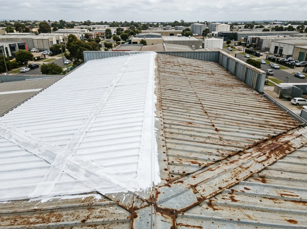 Older exposed-fastener metal roof half cleaned and primed, with new coating applied over the seams