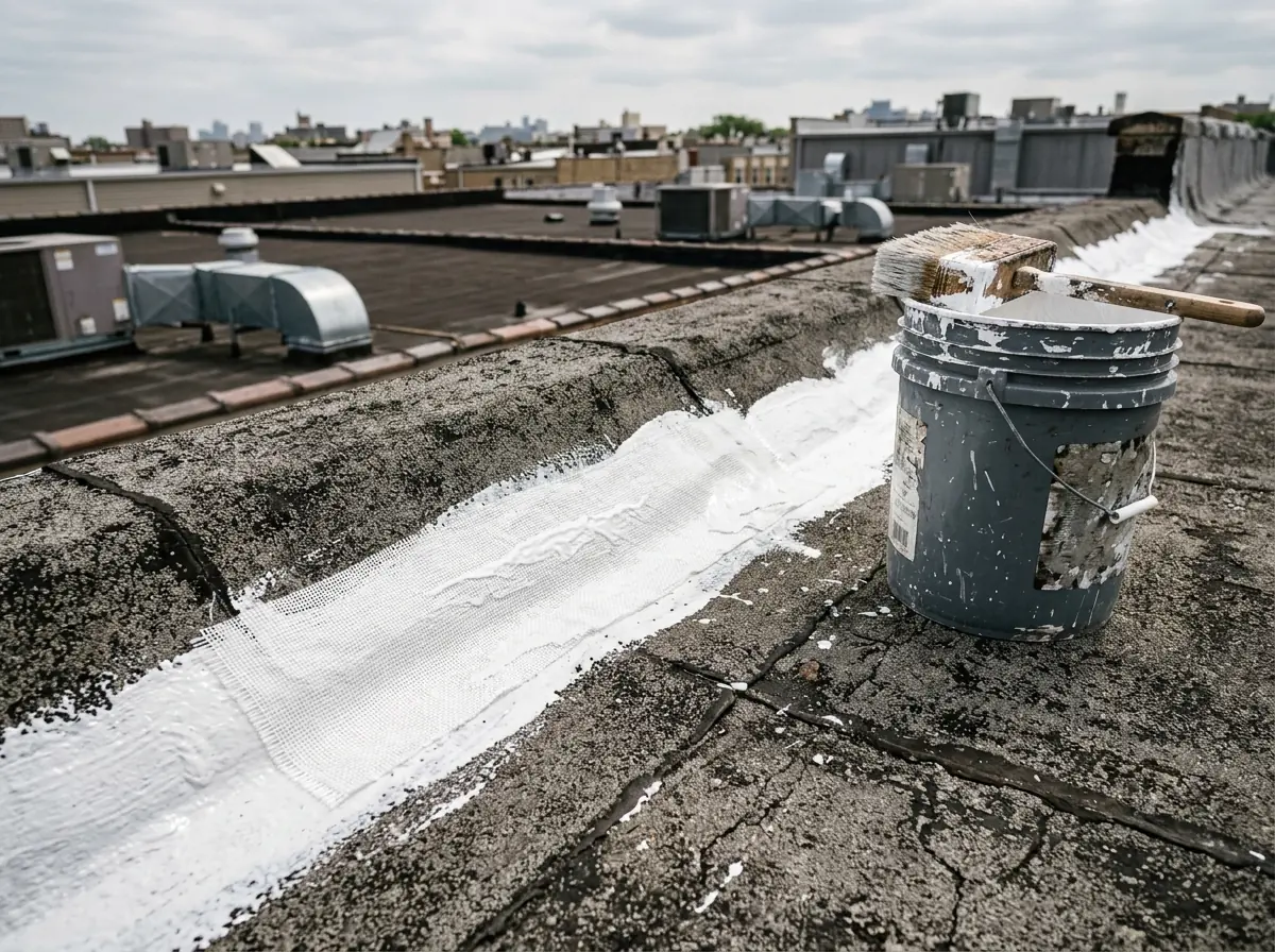 Polyester reinforcing fabric embedded in base coat over the laps of an aged modified bitumen roof