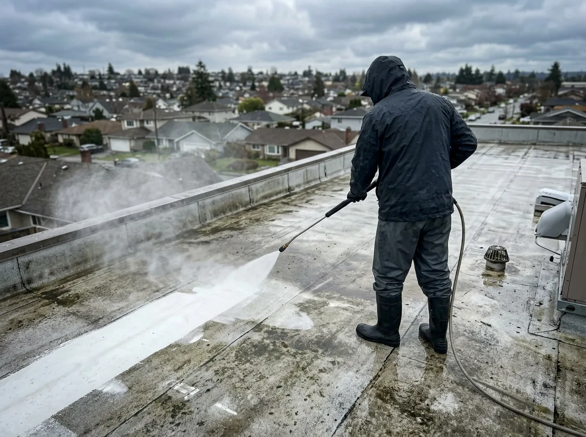 Faded single-ply membrane being power-washed before a restoration coating on a commercial roof