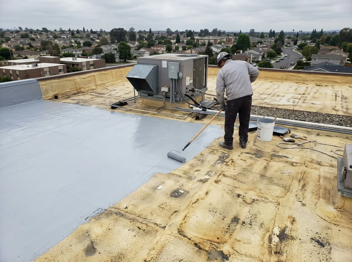 Fresh light grey coating rolled over a weathered spray foam roof near a rooftop unit