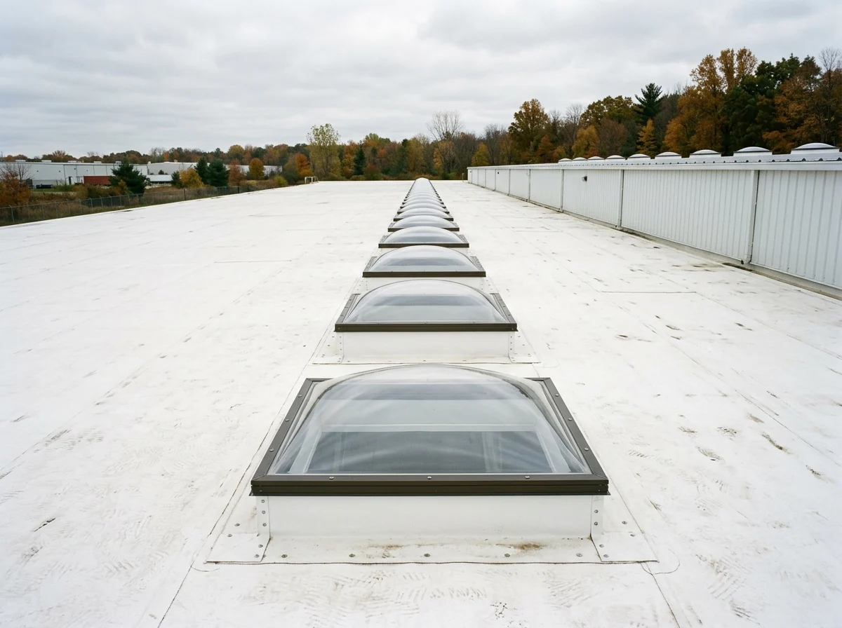 Row of curb-mounted acrylic dome skylights on a white single-ply warehouse roof