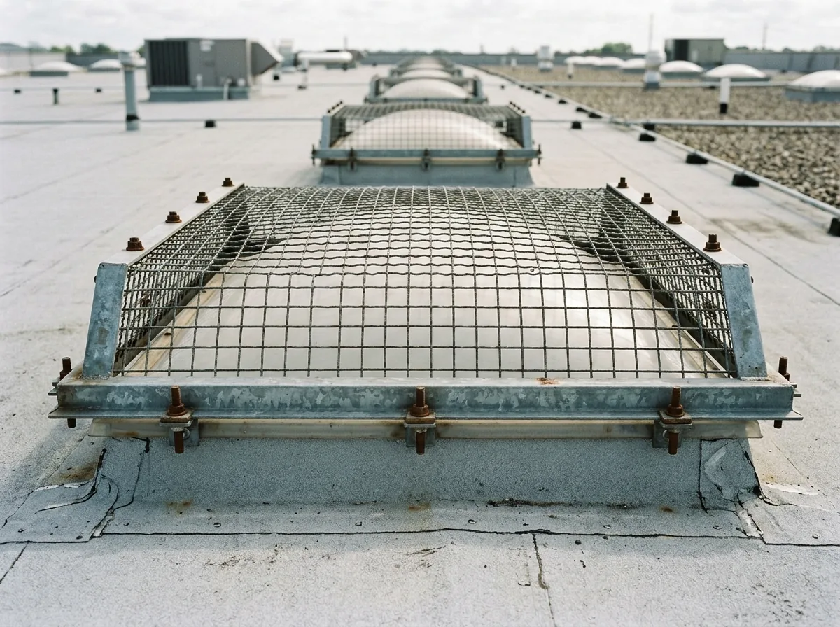Steel mesh fall-protection screen fitted over a dome skylight on a flat roof