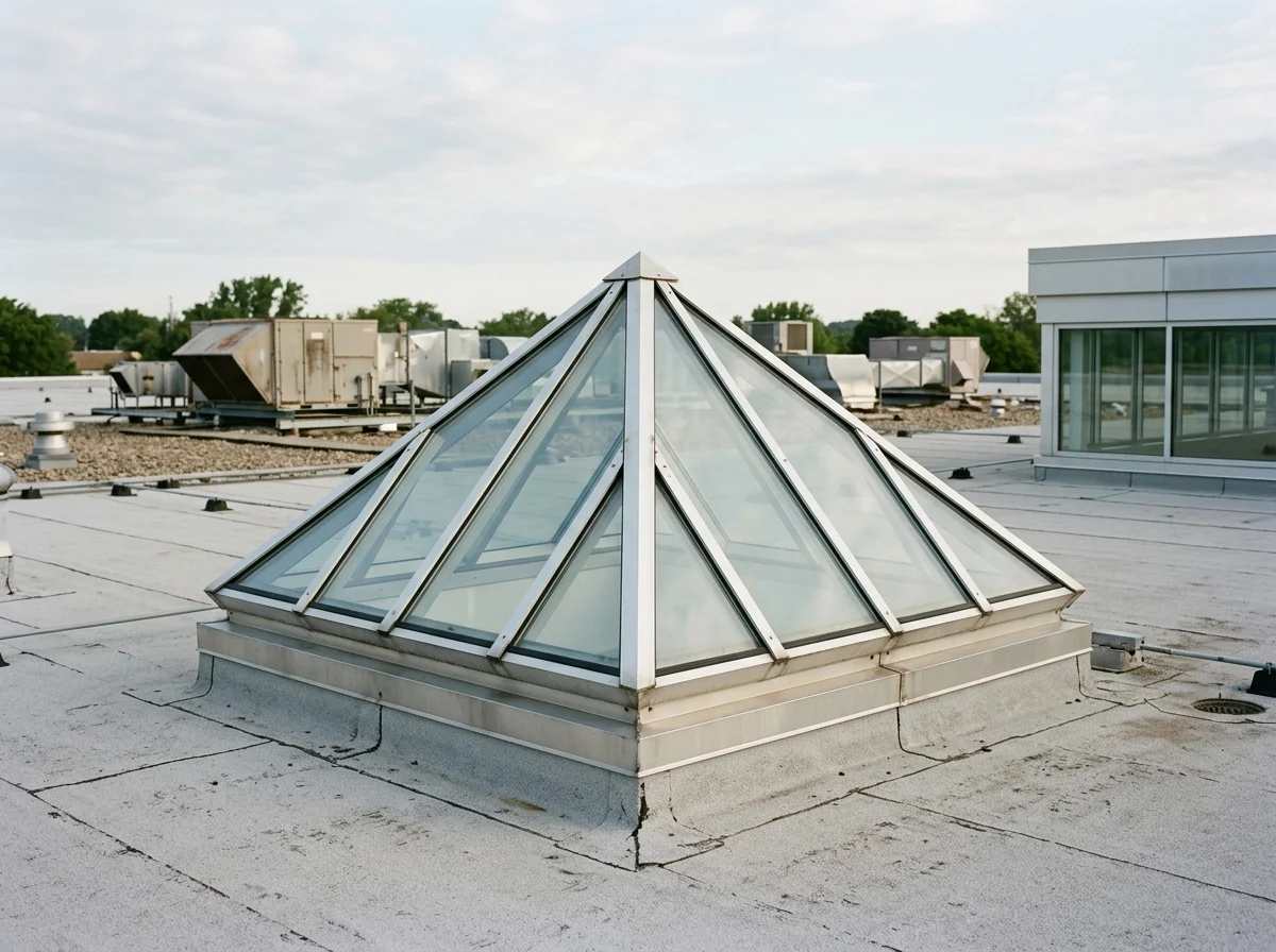 Framed glass skylight over an office atrium set into a flat commercial roof
