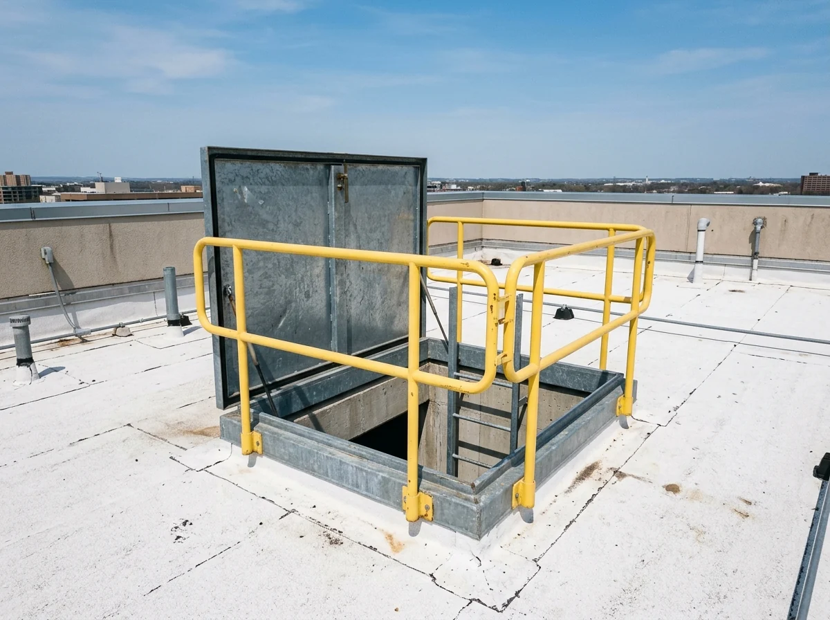 Galvanized roof access hatch with a safety railing on a flat commercial roof