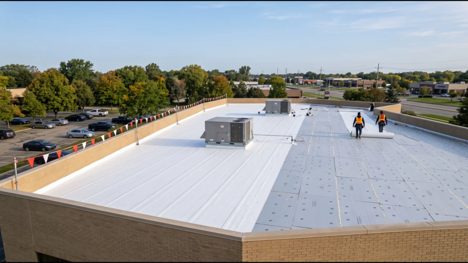 Roofers rolling out white TPO membrane over new insulation boards on a two-storey office building with rooftop HVAC units and warning-line flags