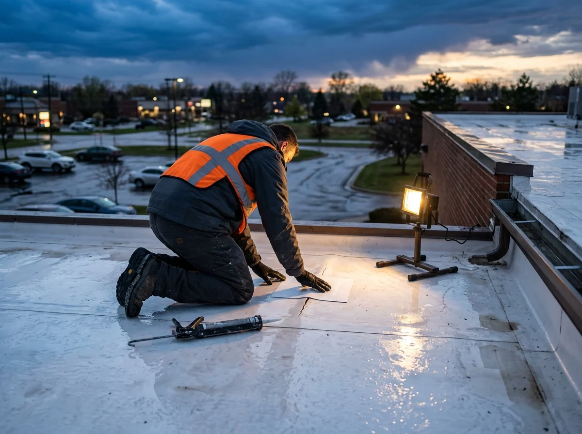 Roofer from behind sealing a small temporary patch on a wet white single-ply flat roof at dusk