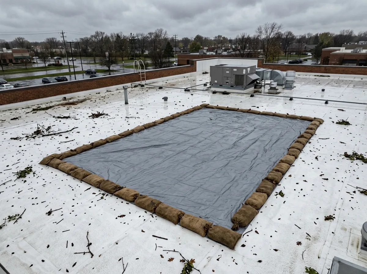 Large grey tarp held down with sandbags over a damaged section of a flat commercial roof