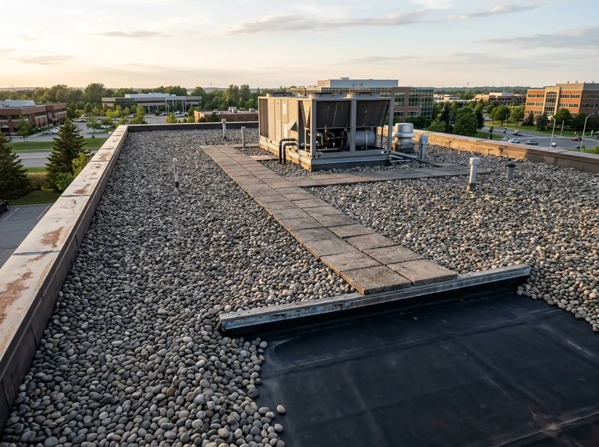 Loose-laid black EPDM roof covered with rounded river stone ballast and concrete pavers along a walkway