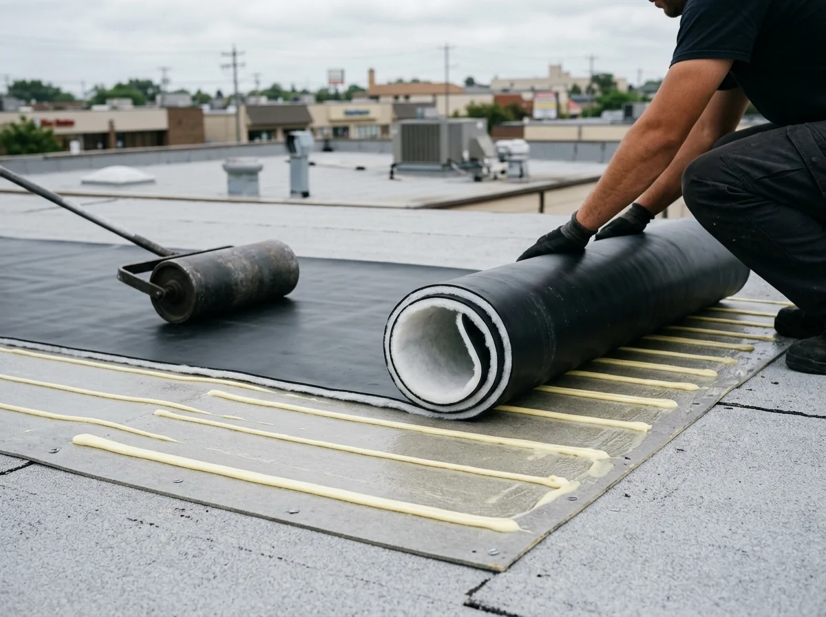 Fleece-backed EPDM sheet being rolled into beads of low-rise foam adhesive on a commercial re-roof