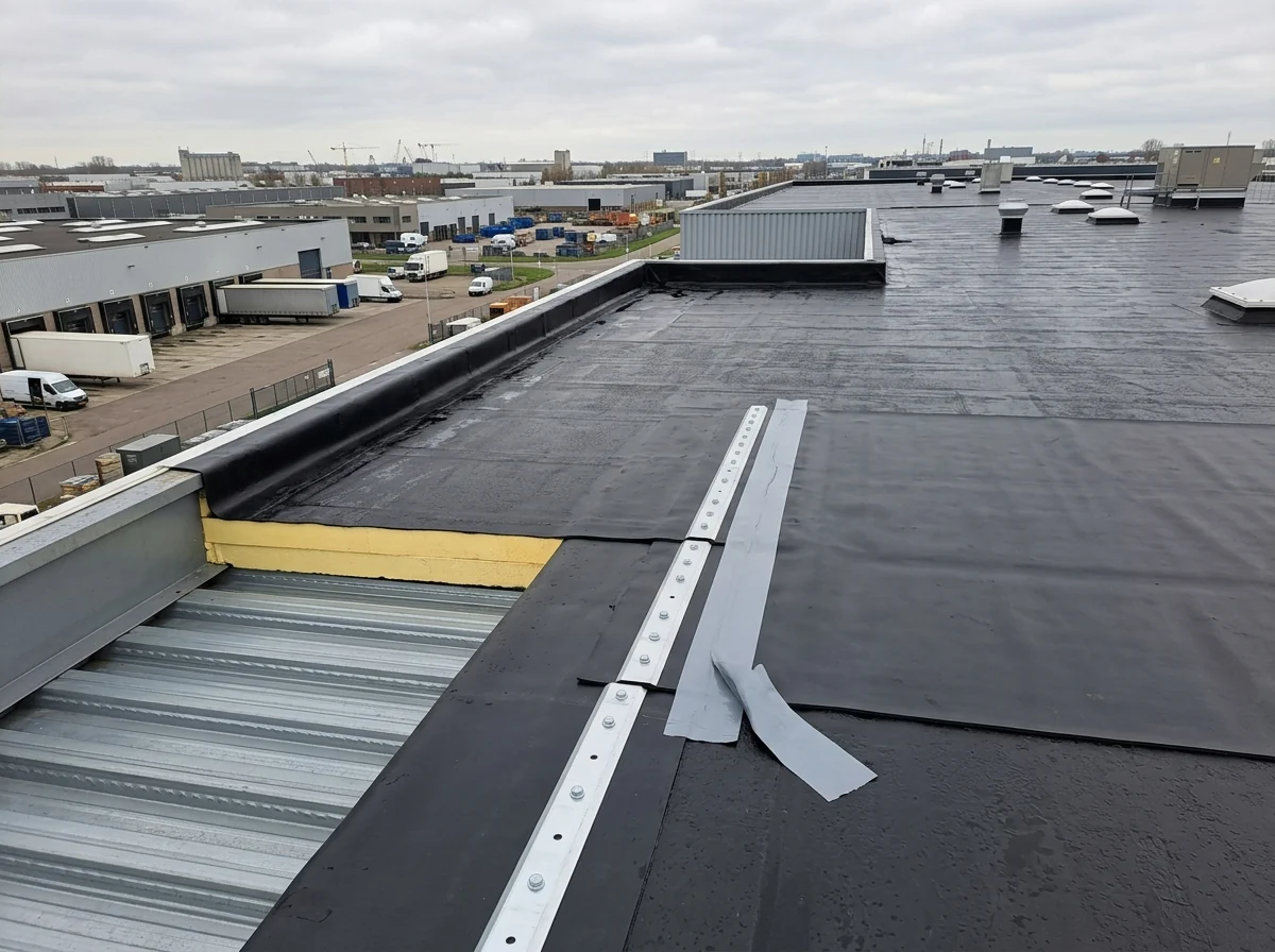 Reinforced black EPDM sheet with a row of fastening plates along the lap seam on a steel-deck warehouse roof